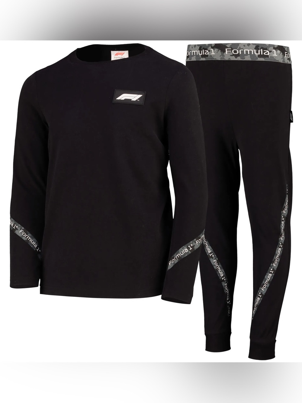 Formula 1 F1 Kids Boys Black Tape Detail Long Sleeve Cotton Pajama Set. 6-7.
